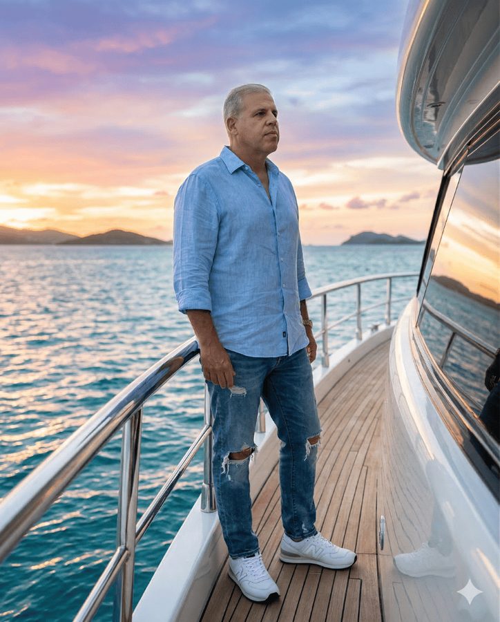 Stephen Monaco on yacht at sunset